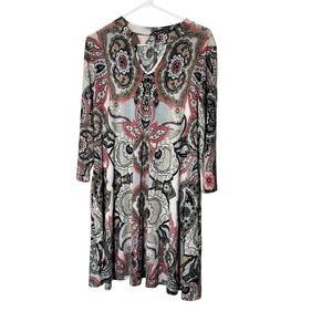 Honeyme Womens Pink Teal Paisley Long Sleeve V-Neck Tunic Dress Medium Boho